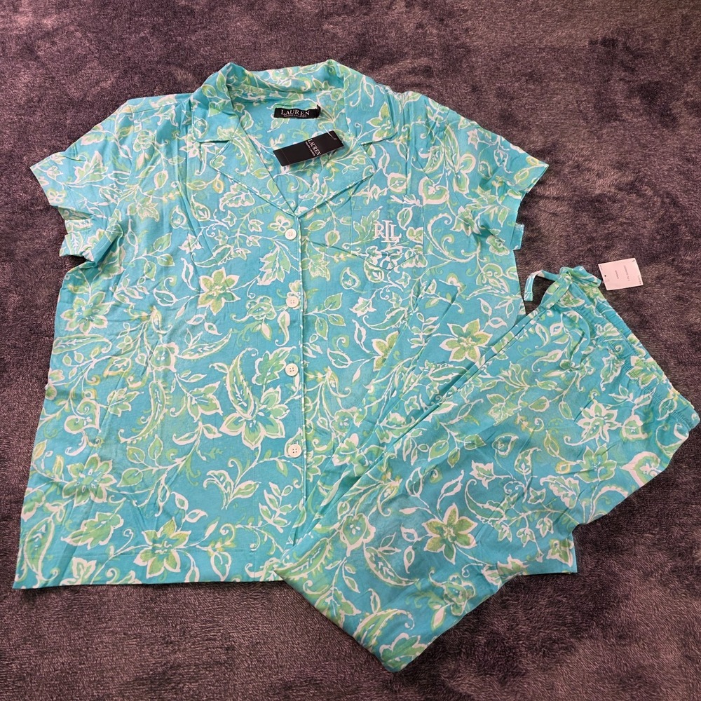 Ralph Lauren Blue Green Floral Shirt & Pant Sleep Set Womens Large Pajama Set